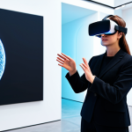 A professional individual, fully clothed in modest business attire, stands in a hyper-realistic virtual art gallery. They wear a sleek VR headset and are gently reaching towards a large, dynamic, evolving digital sculpture made of shimmering light and geometric forms. The gallery space is expansive, with soft, ambient lighting highlighting other abstract artworks in the background. The scene is safe for work, appropriate content, and family-friendly. Perfect anatomy, correct proportions, natural pose, well-formed hands, proper finger count. Professional photography, high detail, volumetric lighting, futuristic aesthetic, museum quality.