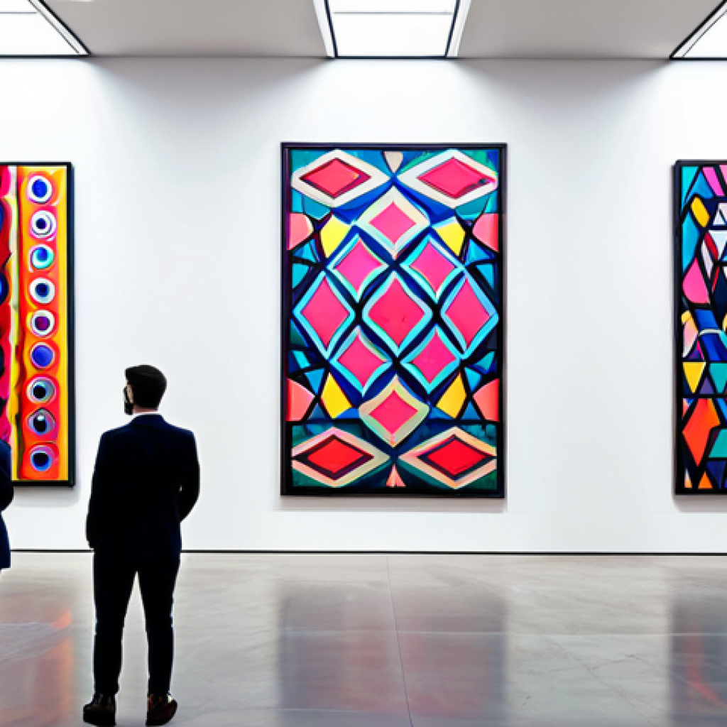 Generative Art in a Modern Gallery**
"A modern art gallery showcasing a vibrant, algorithmically generated artwork. The artwork consists of abstract geometric shapes and bold color palettes. People in professional attire are observing the art piece. The gallery has high ceilings and is well-lit. perfect anatomy, correct proportions, natural pose, well-formed hands, proper finger count, natural body proportions, safe for work, appropriate content, fully clothed, professional, modest, family-friendly, high quality, professional photography."
**