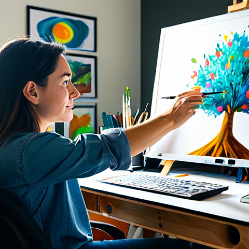 NFT 아트 마케팅 전략 - Artist in Creative Workspace**
A digital artist, fully clothed in comfortable, casual attire, worki...