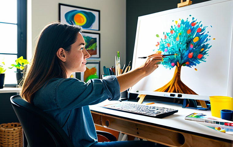 NFT 아트 마케팅 전략 - Artist in Creative Workspace**

A digital artist, fully clothed in comfortable, casual attire, worki...