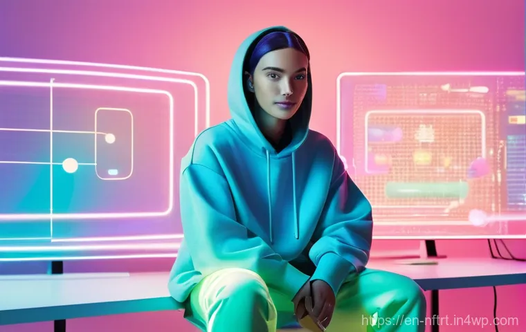 NFT 아트의 수익화 전략 - **Digital Identity & Community Engagement:**
"A vibrant, eye-level shot of a modern, androgynous...
