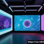 NFT 예술 시장에서의 커뮤니티 빌딩 - A vibrant digital art gallery set in a futuristic virtual world, showcasing diverse NFT artworks wit...