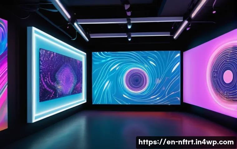NFT 예술 시장에서의 커뮤니티 빌딩 - A vibrant digital art gallery set in a futuristic virtual world, showcasing diverse NFT artworks wit...