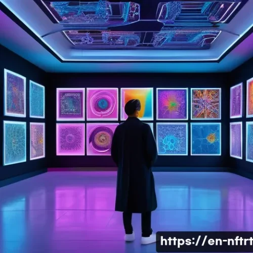 NFT 아트의 장기 투자 전략 - A futuristic digital art gallery showcasing diverse NFT artworks on high-tech holographic displays, ...