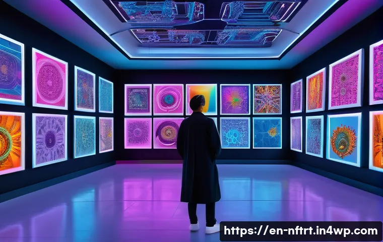 NFT 아트의 장기 투자 전략 - A futuristic digital art gallery showcasing diverse NFT artworks on high-tech holographic displays, ...
