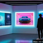 NFT 예술 작품의 리세일 시장 - A futuristic digital art gallery scene showcasing diverse NFT artworks displayed on sleek holographi...