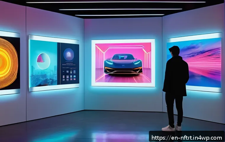 NFT 예술 작품의 리세일 시장 - A futuristic digital art gallery scene showcasing diverse NFT artworks displayed on sleek holographi...