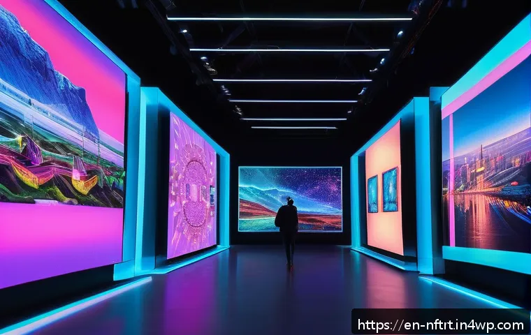 NFT 아트의 동향과 미래 예측 - A futuristic digital art gallery featuring interactive NFT displays with vibrant animations and dyna...