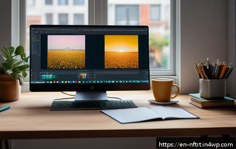 NFT 작품의 보호를 위한 법적 조치 - A modern digital artist’s workspace featuring a high-resolution computer screen displaying colorful ...