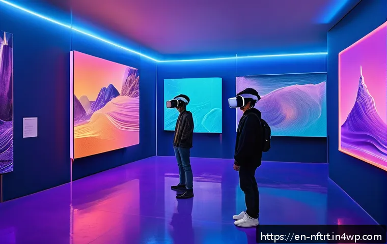 NFT 아트 전시회와 이벤트 소개 - A futuristic virtual reality art gallery interior, featuring immersive digital sculptures and intera...