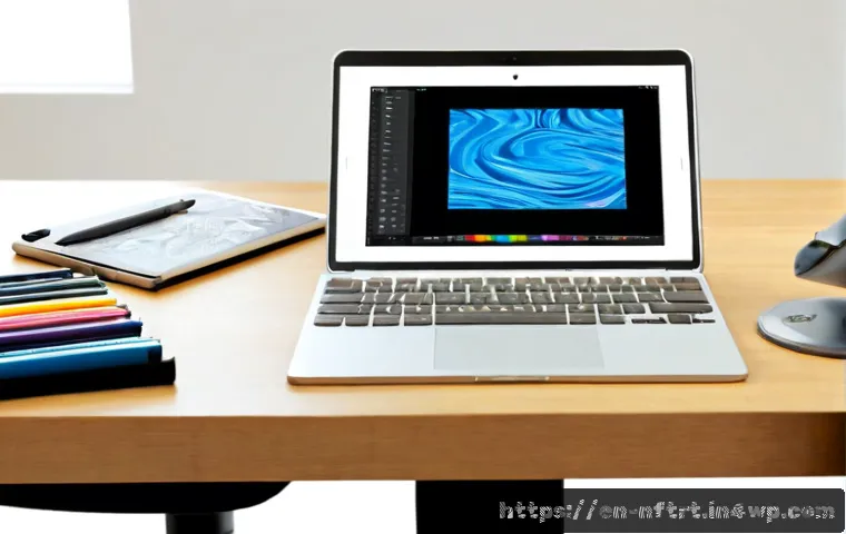 Home 17 NFT 아트 만들기 위한 필수 도구 - Photorealistic overhead view of a clean home studio desk for creating digital collectible art, a pen...