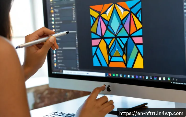 Home 17 NFT 아트의 커스터마이징 옵션 - Photorealistic over-the-shoulder view of a digital artist customizing a collectible artwork on a lar...
